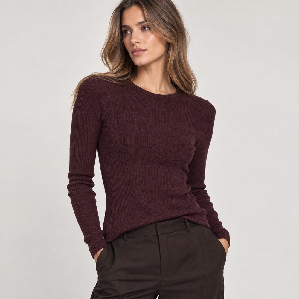 Theory Mirzi Rib Knit Merino Wool Sweater Burgundy Crew Neck Long Sleeve M